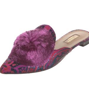 NWOT Aquazarra brocade closed toe slides with pom poms.